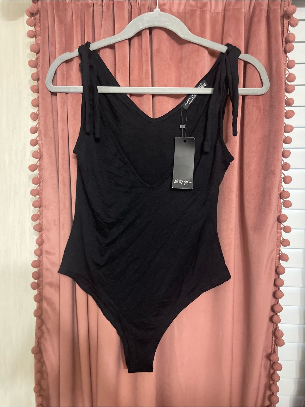 Nasty Gal Black Tie-Shoulder Bodysuit with V-Neck New with tags